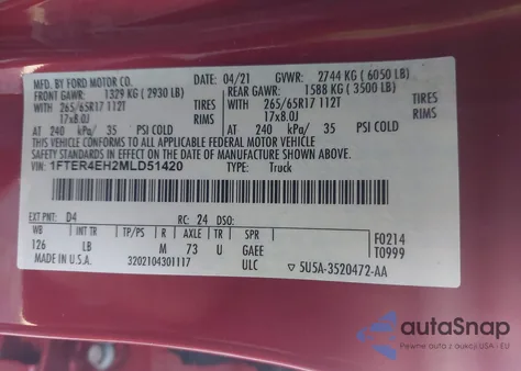 2021 Ford Ranger Xlt z USA, uszkodzony, nr VIN 1FTER4EH2MLD51420